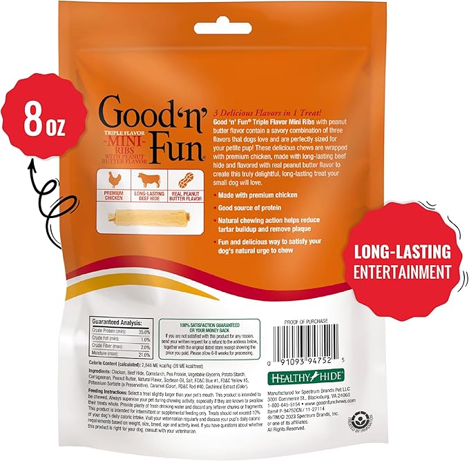 GOOD 'N' FUN Triple Flavor Mini Ribs with Peanut Butter Flavor Chews for Dogs, 8 Ounces, Treat Your Small Dog to Long-Lasting Chews Made with Chicken and Beef Hide