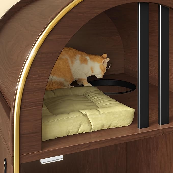 Cat Litter Box Enclosure Condo, 2-Tier Cat Bed Furniture with Arch Design, Indoor Cats Shelter for Two Cats, Cozy Kitty House with Raised Legs and Hooks, Espresso