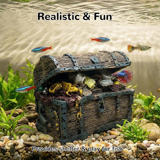 Mipukbay Treasure Chest Fish Tank Decorations, Funny Aquarium Decor Ornament for Small Aquarium and Fish Tank, Safe Landscape Rock Cave for Betta Fish, Goldfish and Aquatic Pets