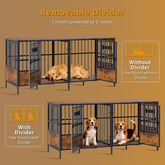 IRONCK 67" Dog Crate Furniture for 1 or 2 Dogs – Heavy Duty Dog Kennel with Adjustable Divider, Double Dog Cage as TV Stand, Rustic Brown
