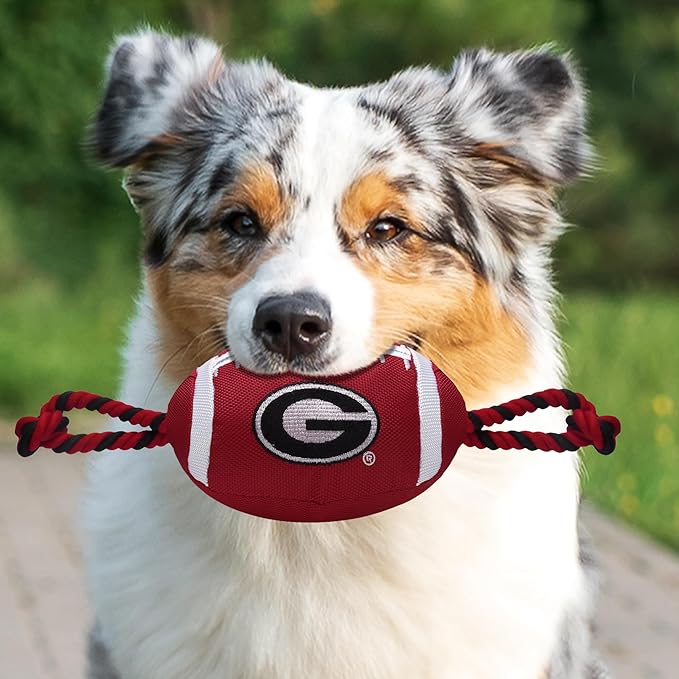 NCAA Georgia Bulldogs Football Dog Toy, Tough Quality Nylon Materials, Strong Pull Ropes, Inner Squeaker, Collegiate Team Color
