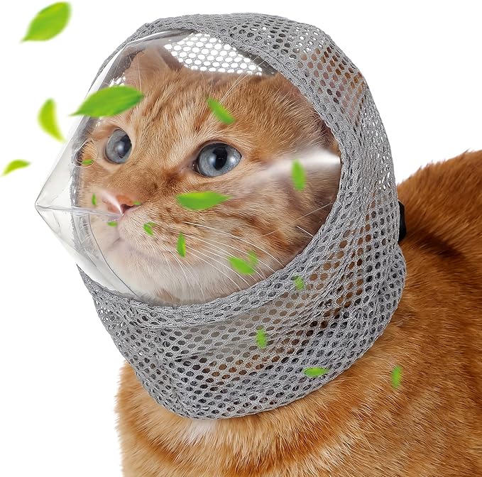 Adjustable Cat Muzzle for Grooming Biting Prevention Breathable TPU Cats Pet Head Cover Cats Helmet for Grooming with Transparent Anti-Bite Bubble Muzzle for Nail Trimming Bathing Vet Visits(M)