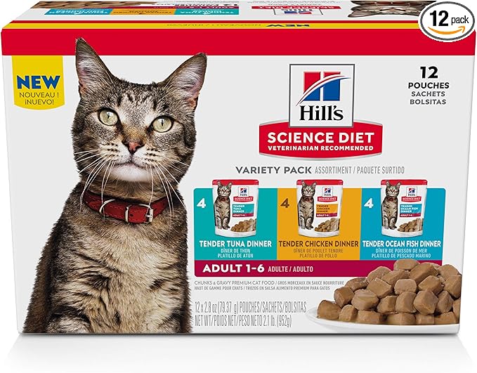Hill's Science Diet Adult 1-6 Wet Cat Food Variety Pack, Chicken, Tuna, & Ocean Fish, 2.8 oz. Pouches, 12-Pack