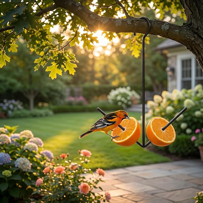 Premium Oriole Feeder for Outdoors & Indoor Plant Accessories, Black Metal Fruit Holder Dual-Prong Hanger Hook for Garden Birding, Air Plants Display, Patio Decor