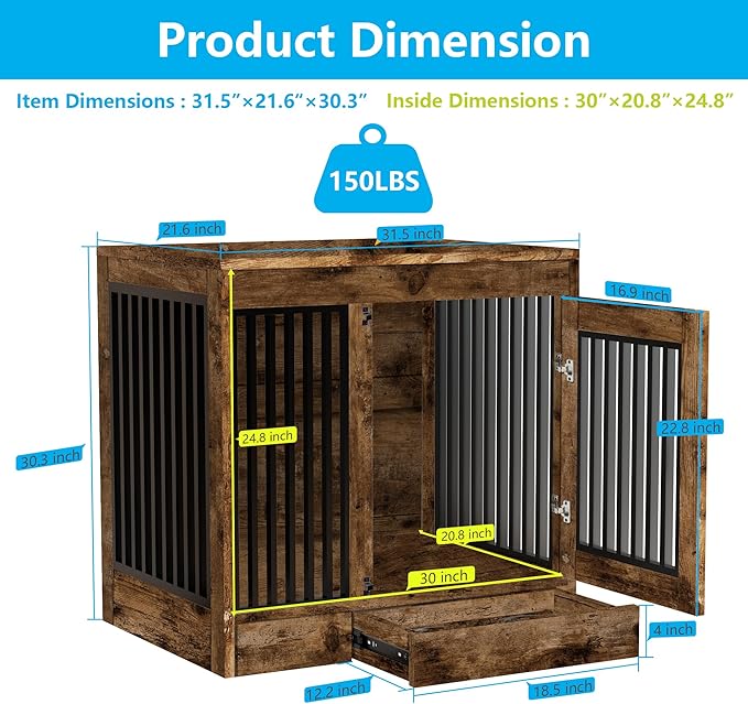 yookare Rustic Brown Heavy Duty Furniture Dog Crate, Wood and Metal Kennel Cage, Pet House End Table with Drawer and Pull-Out Design, Dog Home for Indoor use, Medium Size
