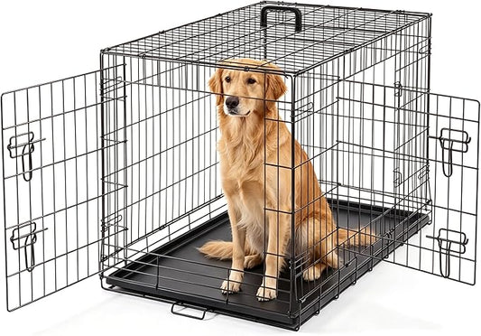 DUMOS Dog Crate, 36 Inch Medium Double Door Dog Cage with Plastic Leak-Proof Pan Tray, Folding Metal Wire Pet Kennel for Indoor, Outdoor, Travel
