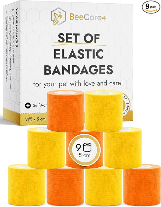 Self-Adhering Elastic Dog Bandages for Wounds – Cat & Dog Bandage Prevents Licking and Scratching – Made from Natural Rubber Latex, the Wrap Sticks to Itself – Set of 9 x 5 cm Rolls