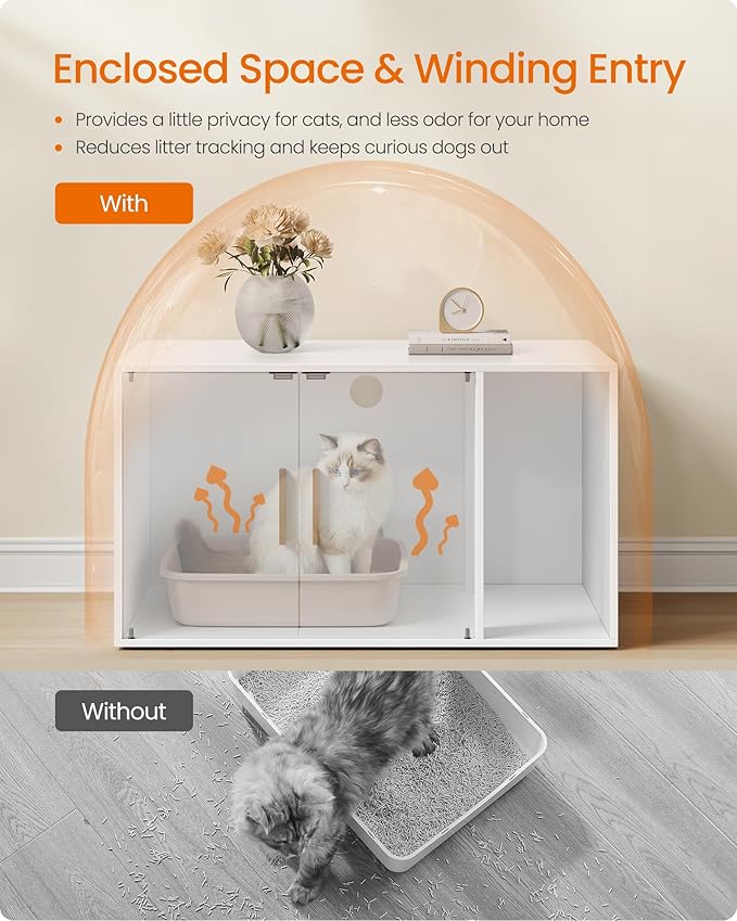 Feandrea Cat Litter Box Enclosure, Modern Hidden Litter Box Furniture, Front Entry, Double Doors, Indoor Pet House, Living Room Side End Table, 31.5 x 19.7 x 17.7 Inches, Cloud White UPCL020WB01S