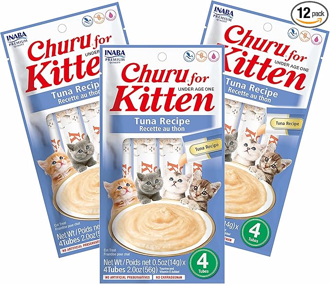INABA Churu for Kittens, Grain-Free Creamy, Purée Lickable Cat Treats with DHA, EPA, Vitamin E & Taurine, 0.5 Ounces Each, 12 Tubes (4 per Pack), Tuna Recipe