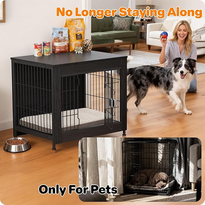 Escape Proof Decorative Dog Crate Furniture with Wooden Top, 27in Furniture Style End Table and Secure Indoor Kennel, Anti Anxiety for All Breeds, Black