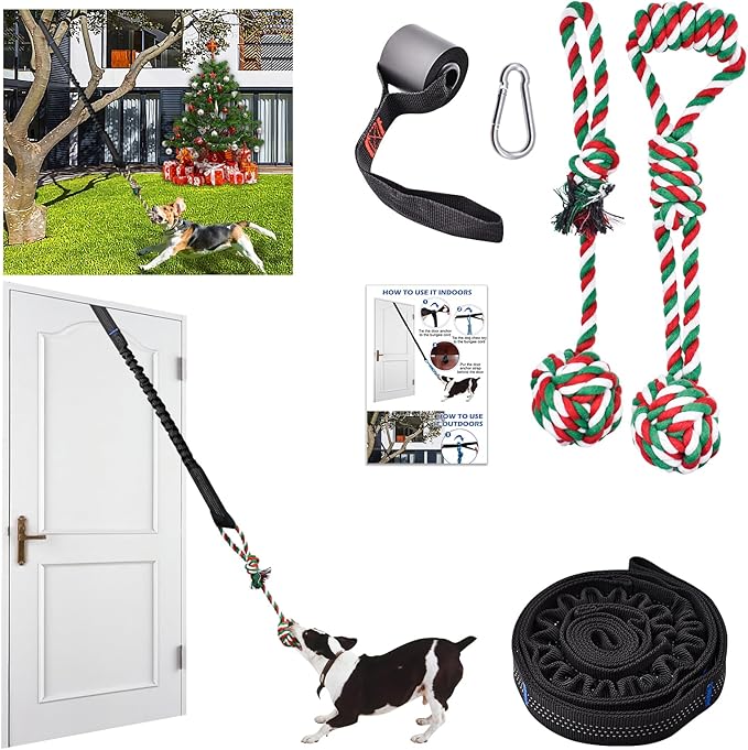 Door Anchor Dog Hanging Bungee Tug Toy for Small Dog Pull Rope and Tug of War, Indoor and Outdoor Pull Interactive Toy, Durable Retractable Tugger Dog Rope Toy with 2 Chew Toys