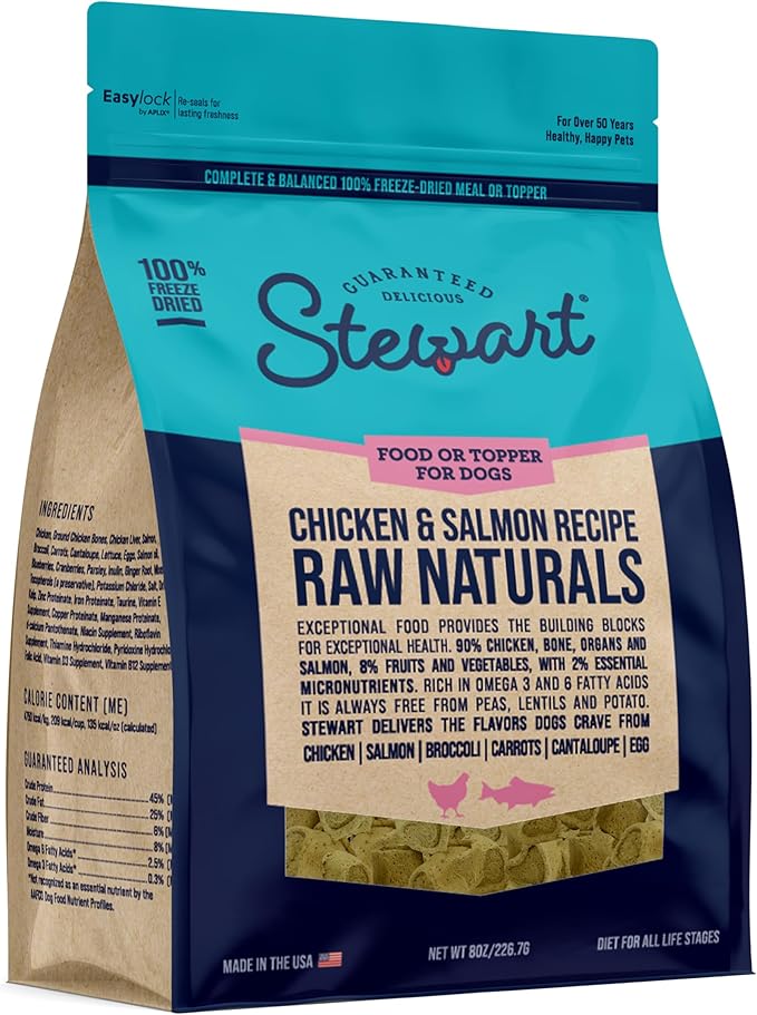 Stewart Raw Naturals Freeze Dried Raw Dog Food or Meal Topper, Chicken and Salmon Recipe, 8 Ounce Bag, Complete and Balanced Nutrition
