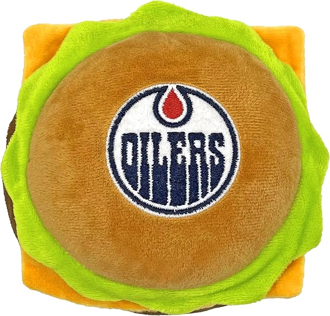 Pets First NHL Edmonton Oilers Crinkle Fine Plush Dog & Cat Squeak Toy - Cutest STADIUM HAMBURGER Plush Toy for Dogs & Cats with INNER SQUEAKER & Beautiful Hockey Team Name/Logo