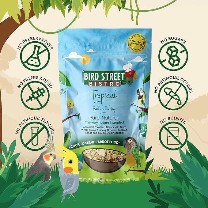 Bird Street Bistro Parrot Food for Parakeets & Cockatiels - Tropical - 18 oz - Cooks in 3-15 min, Natural Wholesome Grains, Fruits & Vegetables - USA Made