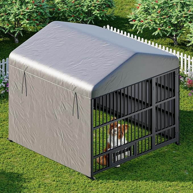 HOOBRO Dog Kennel Outdoor with Cover, 6.6 x 6.6 x 6.4 ft Dog Kennel Outside with Waterproof Roof and Rotating Feeding Bowls, Heavy-Duty Large Cage Enclosure, for Medium & Large Dogs, Black BK220GW03