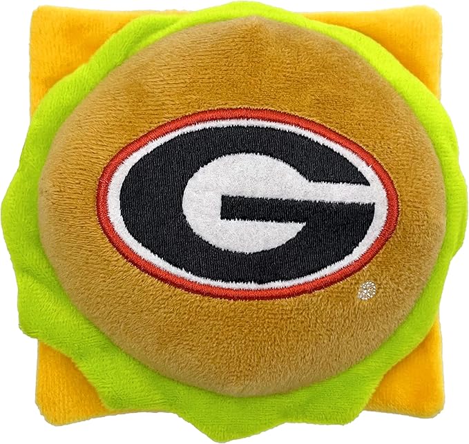 NCAA Georgia Bulldogs Cheeseburger Plush Dog & CAT Squeak Toy- Cutest Stadium Hamburger Snack Plush Toy for Dogs & Cats with Inner Squeaker & Beautiful Football/Basketball Team Name/Logo