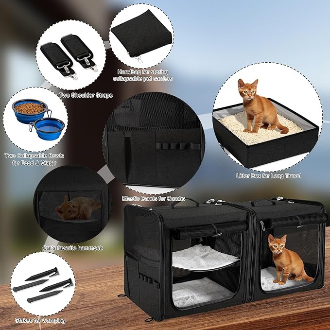 Large Cat Carrier for 2 Cats with Zipper Locks, Double Cat Carrier with Travel Litter Box, Soft Pet Travel Carrier for Cats and Small Dogs Up to 45 Lbs, Black