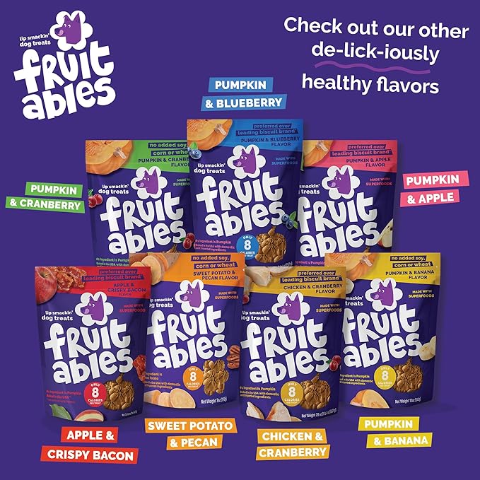 Fruitables Baked Dog Treats, Healthy Pumpkin Treat for Dogs, Low Calorie & Delicious, Made Without Wheat, Corn and Soy, Made in the USA, Allergy Friendly, Crispy Bacon and Apple Flavor, 20 oz