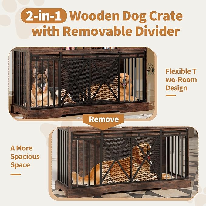 Double Dog Crate Furniture, 63 Inch Heavy-Duty Dog Kennel with Center Divider, Sliding Doors, Drawers and Open Shelves, Indoor Dog House for Living Room, Retro Brown