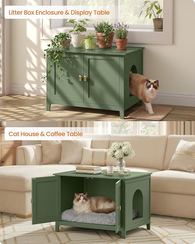 Feandrea Cat Litter Box Enclosure, Modern Hidden Cat Litter Box Furniture, Double Doors, Handles, Indoor Pet House Washroom, Living Room Side End Table, Forest Green UPCL015CH01
