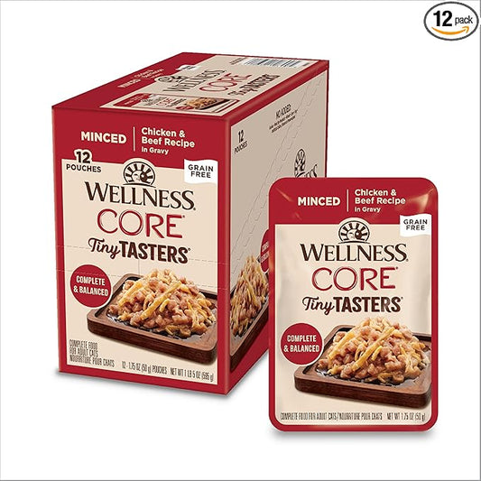 Wellness CORE Tiny Tasters Minced Adult Wet Cat Food, Natural, Protein Rich, Grain Free, Chicken and Beef Recipe, 1.75 oz, Pack of 12 Pouches