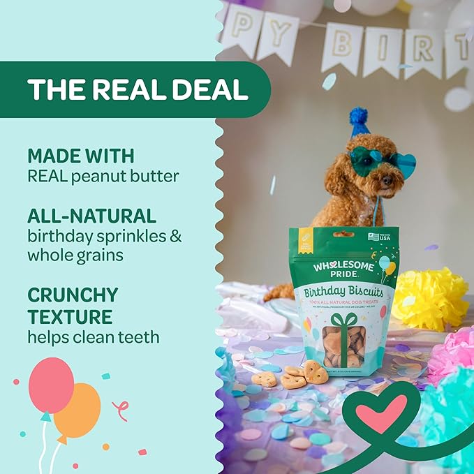 Wholesome Pride Birthday Biscuits Dog Treats, Real Peanut Butter, All Natural, No Artificial Preservatives or Colors, Crunchy Heart-Shaped Snacks, 8 oz Bag, Made in USA