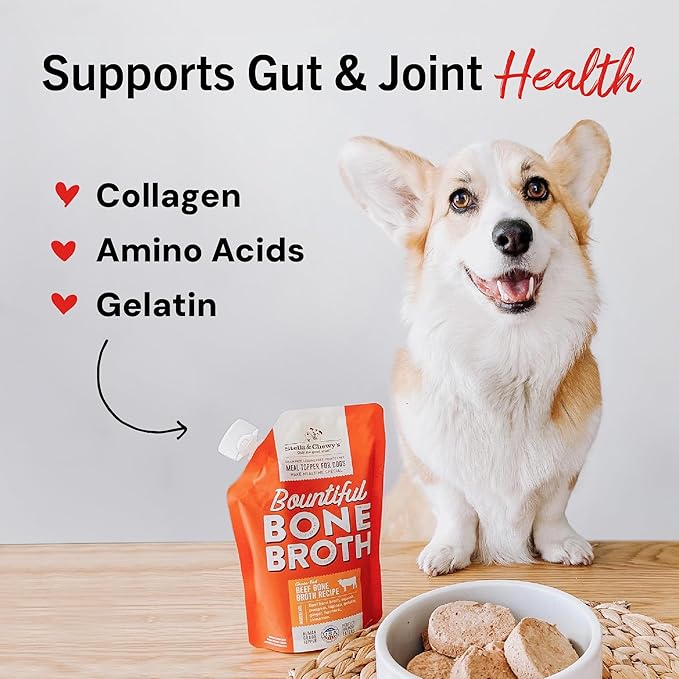 Stella & Chewy's Human-Grade Grass-Fed Beef Bone Broth for Dogs - Joint & Gut Health Liquid Food Topper with Collagen & Turmeric, 16 Fl Oz Resealable Pouch (Pack of 6)