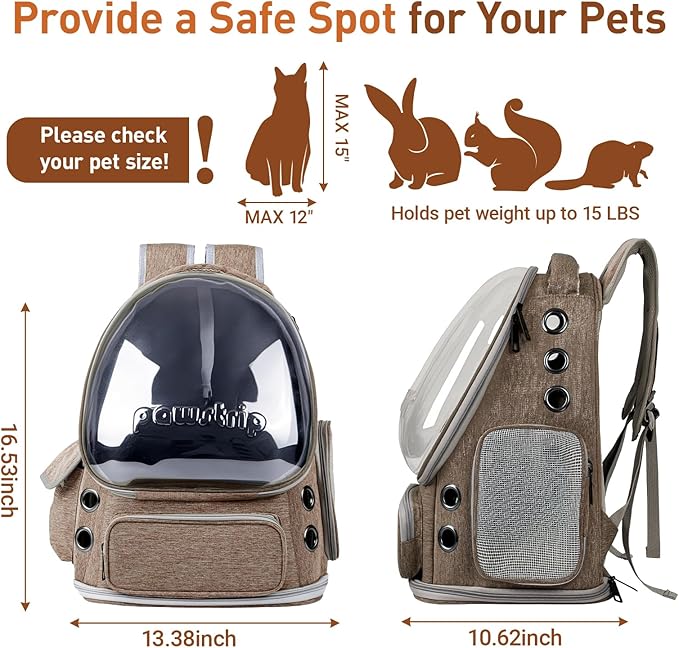 Cat Backpack Carrier with Large Space Bubble Window, Airline Approved Breathable Pet Carrier for Small Dogs Cats up to 15lbs, Foldable for Travel Hiking & Outdoor Use