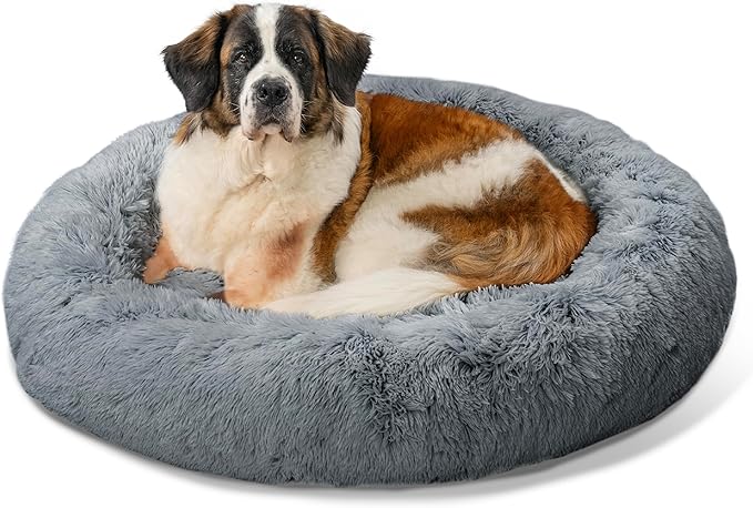 Best Friends by Sheri The Original Calming Donut Dog Bed for Extra-Large Dogs up to 150 lbs, Shag Faux Fur, Gray, 45" x 45"