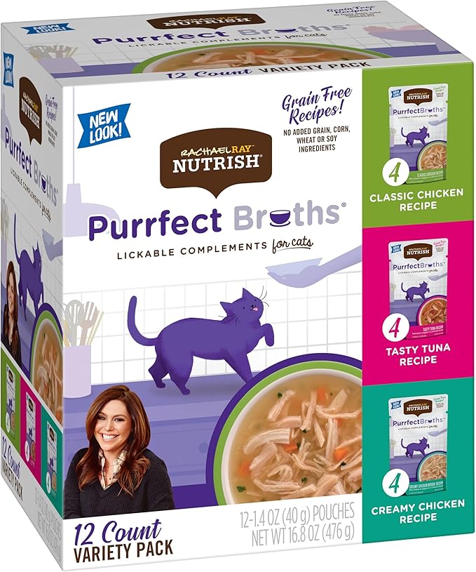 Nutrish Rachael Ray Purrfect Broths Wet Cat Food, Variety Pack, 1.4 Ounce Pouch, Grain Free, (Pack of 48)