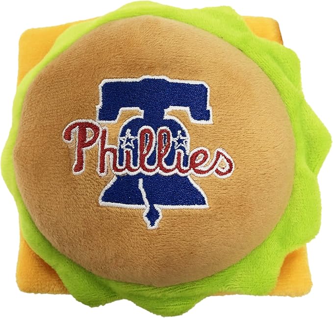 MLB Philadelphia Phillies Cheese Burger Plush Dog & CAT Squeak Toy - Cutest Stadium HAMBERGER Snack Plush Toy for Dogs & Cats with Inner Squeaker & Beautiful Baseball Team Name/Logo