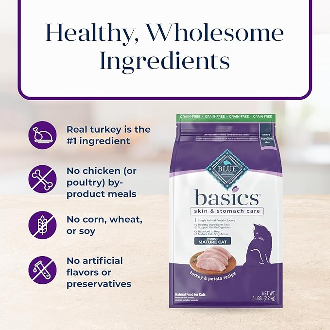 Blue Buffalo Basics Grain-Free Dry Cat Food, Skin & Stomach Care, Limited Ingredient Diet for Mature Indoor Cats, Turkey & Potato Recipe, 11-lb. Bag
