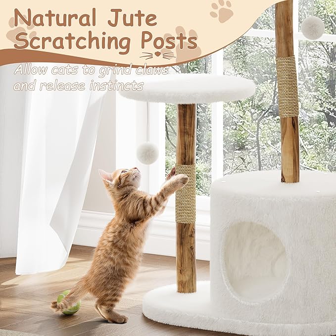 GarveeHome Real Wood Cat Tree, Modern Cat TreeReal Wood Modern Cat Tree Tower, Cat Scratching Post with Bed for Indoor Cats with Natural Wicker Condo, Aesthetic Tree Stand, Luxury Pet Furniture