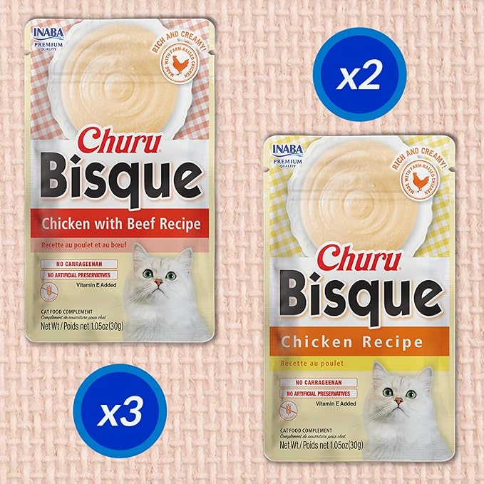 INABA Churu Bisque for Cats, Creamy Purée Side Dish Pouch, 1.05 oz Pouches, 15 Pouches Total, Chicken Variety