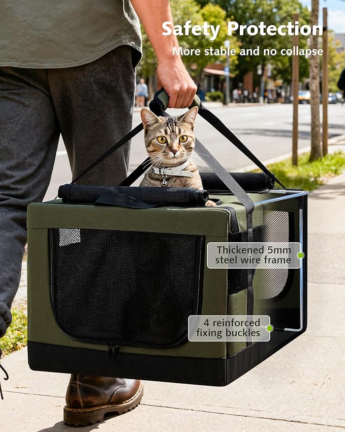 Pecute Dual Compartment Pet Carrier for Multi-Cat Families & Small Dog Owners, Collapsible Dog Crate with Reinforced Steel Frame, Car Safety Design for Travel, Vet Visits & Home Use, Green