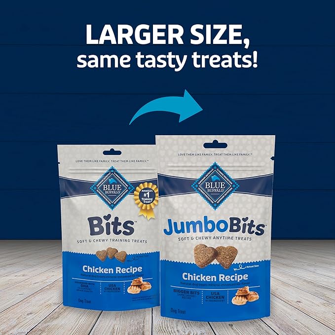 Blue Buffalo Jumbo Bits, Soft & Chewy Anytime Treats, Chicken Recipe, Natural Dog Treats Mineral Enhanced for Flavor, 4 oz. Bag