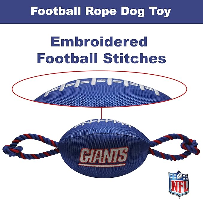 Pets First NFL New York Giants Football Dog Toy, Tough Quality Nylon Materials, Strong Pull Ropes, Inner Squeaker, NFL Team Color