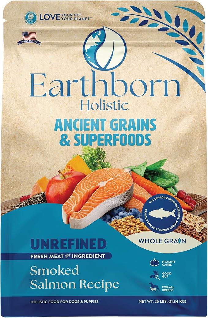 Earthborn Holistic Unrefined Smoked Salmon Ancient Grains & Superfoods All Life Stages Dry Dog Food, Pea-Free Recipe with Quinoa, Pumpkin & Flaxseed, 25 lb Bag