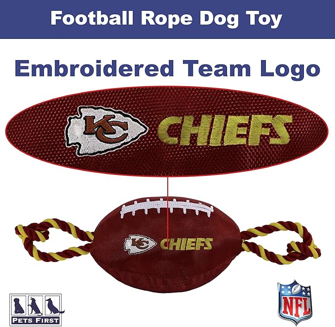 Pets First NFL Kansas City Chiefs Football Dog Toy, Tough Quality Nylon Materials, Strong Pull Ropes, Inner Squeaker, NFL Team Color