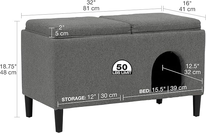 Paws & Purrs 32″ Wide Modern Dual-Purpose Ottoman & Multi-Cat Bed – Stylish 2-in-1 Footstool & Cozy Hideaway for Multiple Cats – Removable Cushioned Top, Hidden Storage, Grey