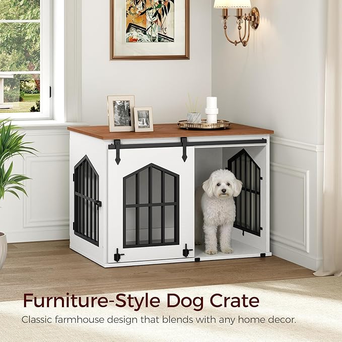 MAHANCRIS Dog Crate Furniture, 31.5" Farmhouse Dog Kennel with Sliding Barn Door, Wooden Dog Cage for Small Medium Dogs, Decorative Pet House Side End Table, Chew-Resistant, White and Walnut DCBA9601