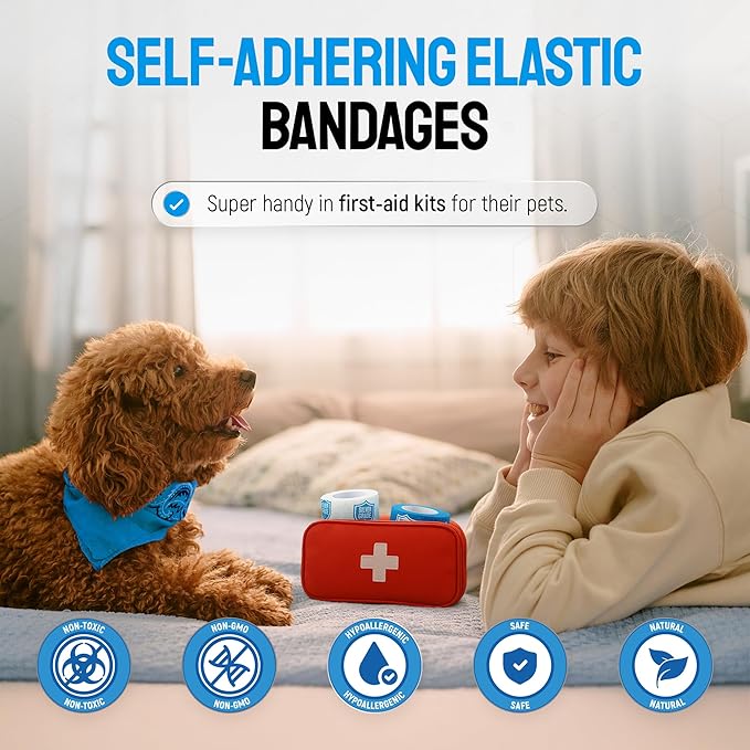 SILVER GRADE Vet Wrap for Dogs, Cats, Horses – 6 Elastic Self-Adhesive Bandages to Protect from Licking – Dog Bandage for Wounds – Natural Rubber Latex Wrap for All Breeds – 2-inch Rolls