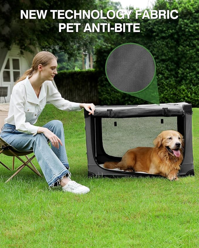 33 x 25 x 25 Inch Collapsible Soft Dog Crate for Dogs Up to 70 lbs, Portable Travel Pet Kennel with 4 Zip Doors, Foldable Indoor Outdoor Crate with Mat, Carry Bag, Grey