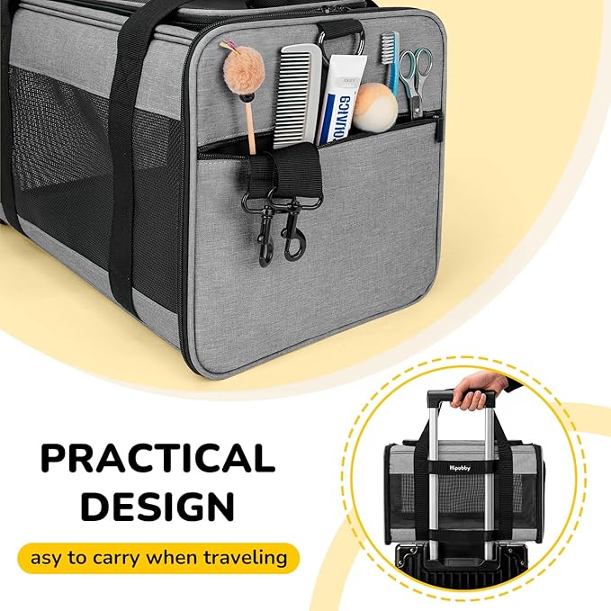 Hipubby Cat Carrier Dog Carrier for Pets Up to 16 Lbs, Soft-Sided Pet Travel Carrier for Cats and Small Dogs, Airline Approved Pet Carrying Case with Shoulder Strap & Removable Mat - Grey