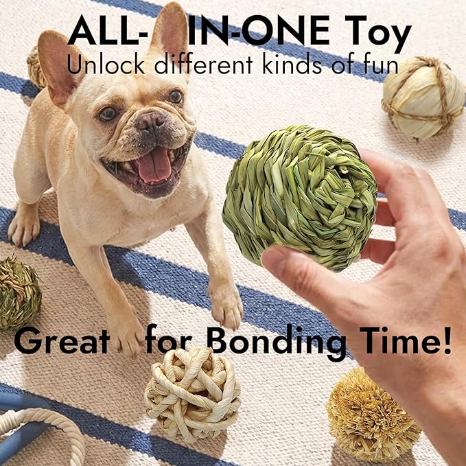 Dog Chew Toys, 3pcs Woven Grass Chew Ball for Dogs, Dental Teething & Interactive Fetch Toys, Outdoor Digestible Chew Ball for Boredom Relief - Reed, Seaweed & Corn Husk, Seaweed & Corn Silk