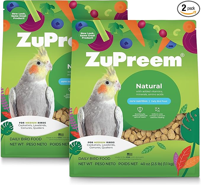 ZuPreem Natural Cockatiel Pellets - Natural Bird Food for Cockatiels, Medium Bird Pellet Diet for Quakers, Lovebirds, Small Conures, 2.5 lb (Pack of 2)