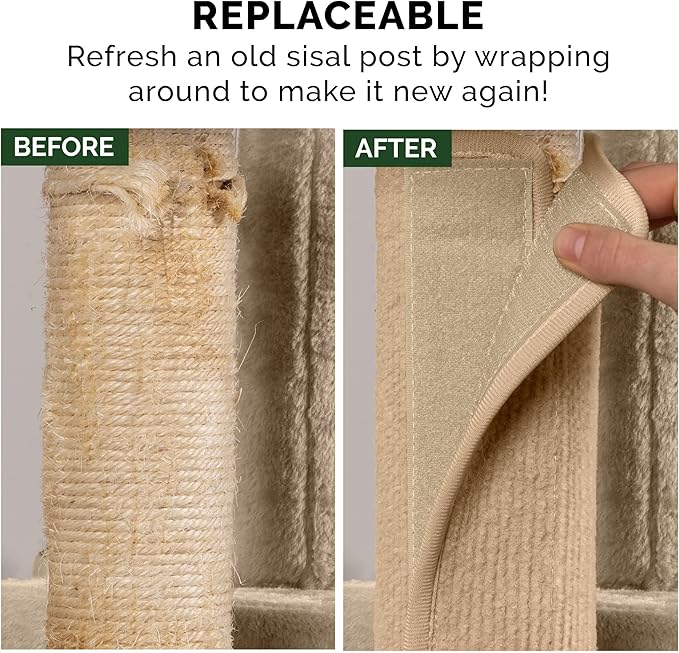Furhaven Wrap Around Scratching Post Cover for Indoor Cats, Fits Posts Up to 3.5" Diameter, Durable & Less Mess - Tiger Tough Carpet Scratch Mat - Cream, Small
