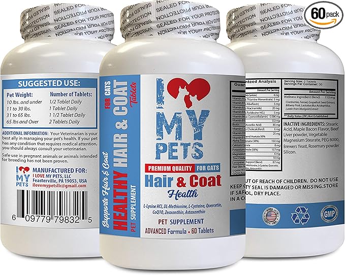 I LOVE MY PETS LLC cat Skin Treats - CAT Hair and Coat Health - Healthy Skin - Premium Quality Treats - cat Diet Treats - 1 Bottle (60 Tablets)