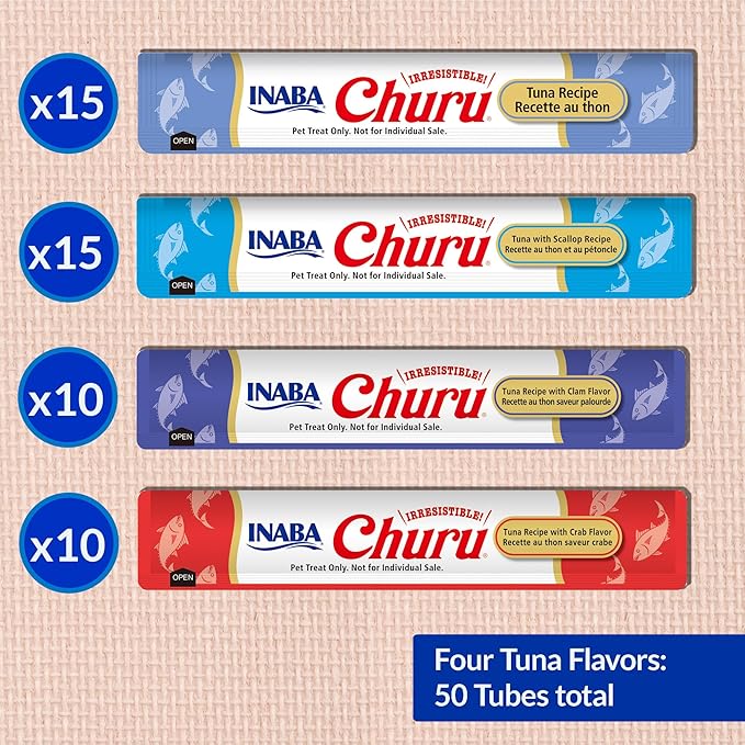 INABA Churu Cat Treats, Lickable, Squeezable Creamy Purée Cat Treat with Green Tea Extract & Taurine, 0.5 Ounces Each Tube, 50 Tubes, Tuna & Seafood Variety