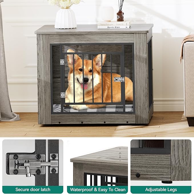 YITAHOME Dog Crate Furniture for Medium Dogs, Side End Table, Modern Dogs Kennel Indoor up to 35 lb, 2-in-1 Iron-Wood Fusion Dog Cage with Waterproof Top, Safety Corners,Steel Lock,30" L,Greige